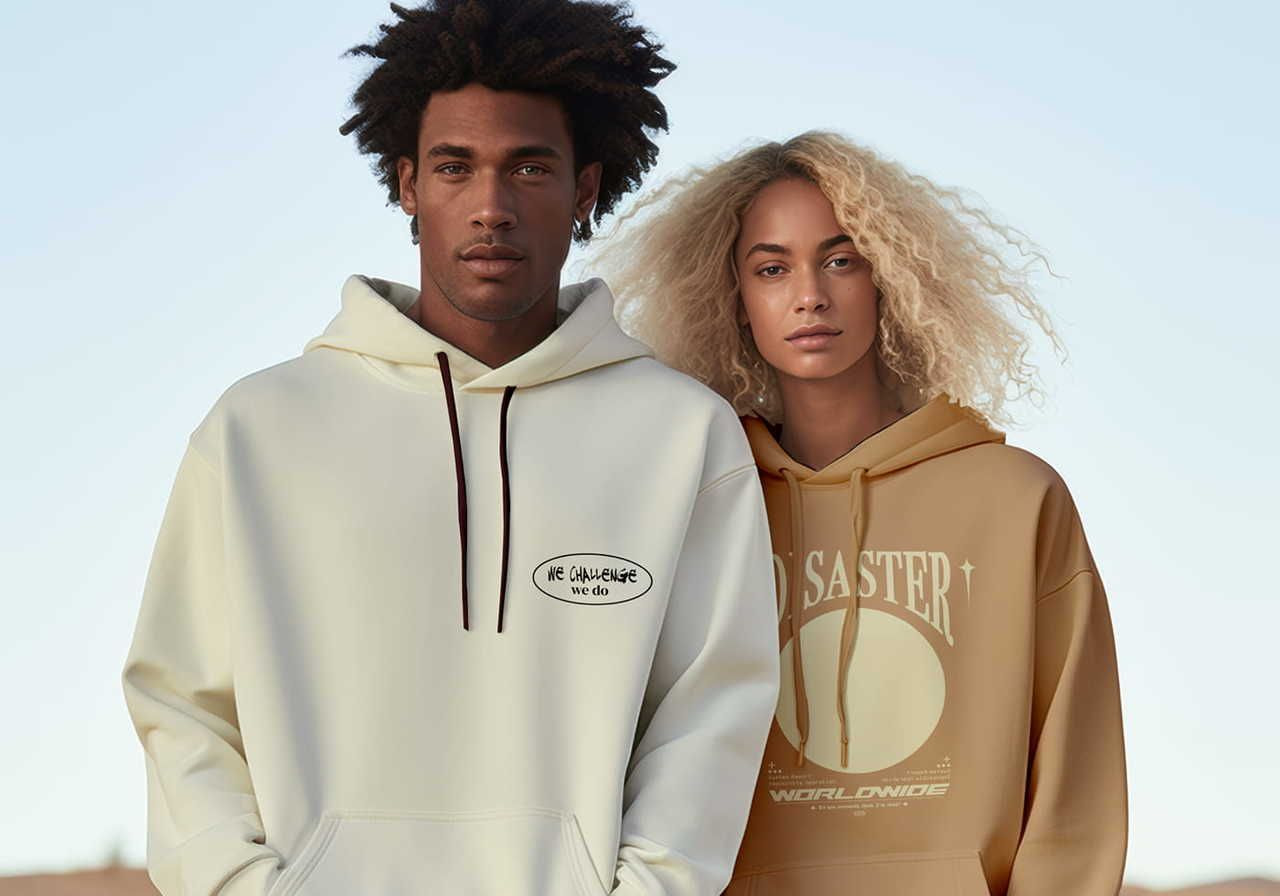 A man and woman stand side by side, wearing hoodies with bold text, against a clear sky backdrop as an example of trending hoodies.