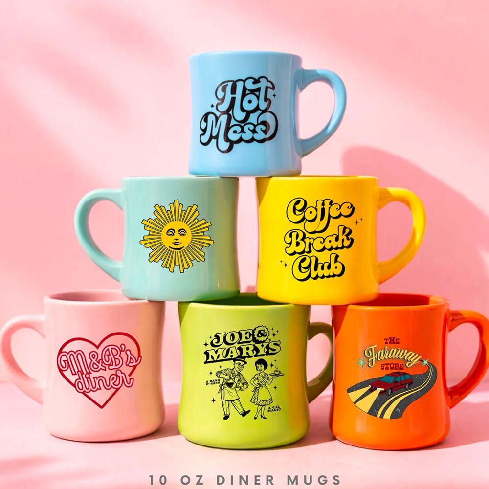 a group of colorful mugs with designs on them