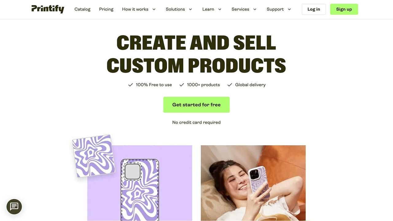 Printify homepage hero section screenshot.