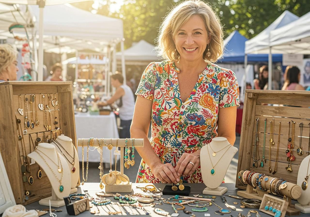 A woman stands at a table displaying various pieces of jewelry, examining them with interest.