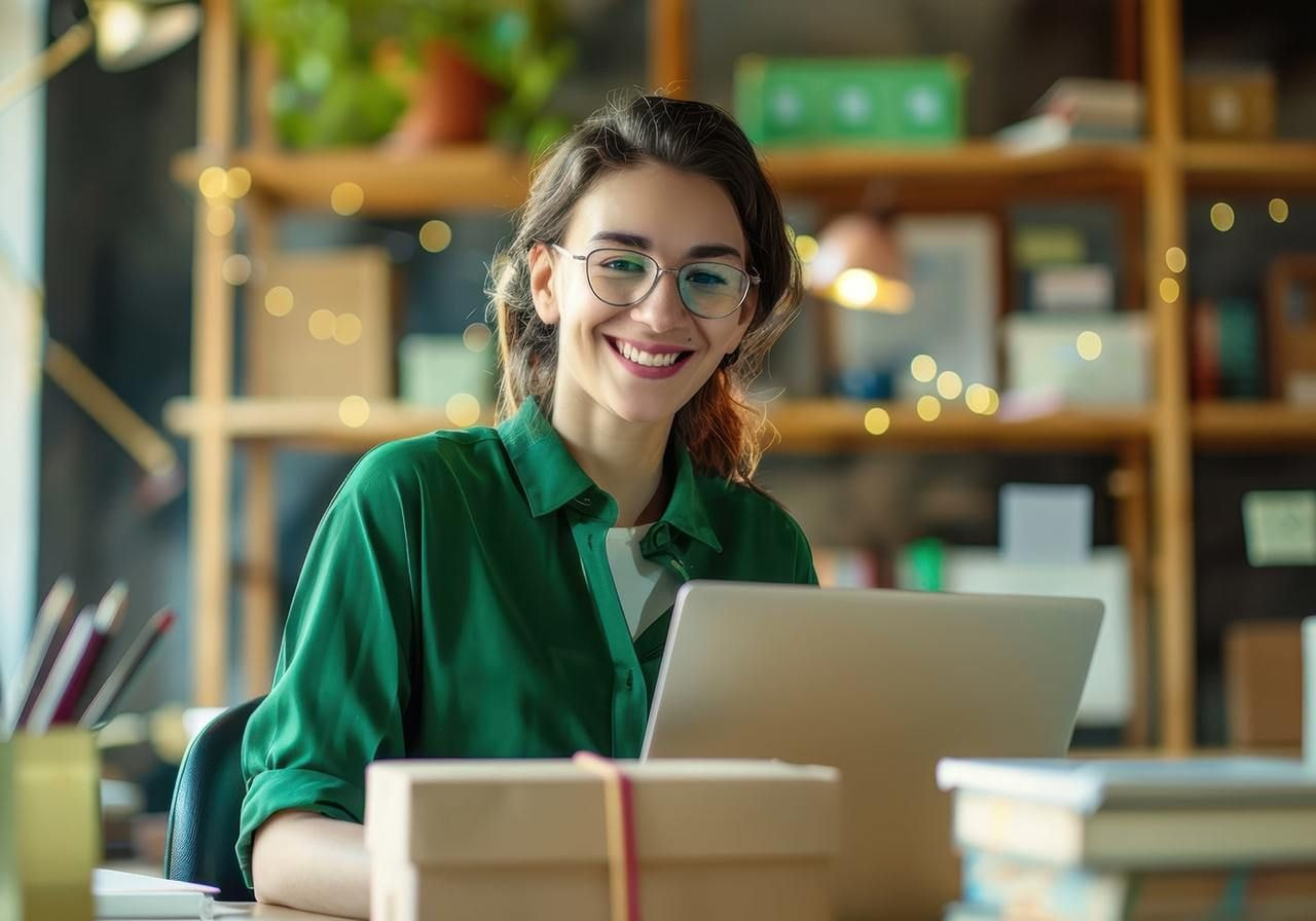 An AI-generated smiling woman with glasses in a green shirt works on a laptop. Books and packages are on the desk.