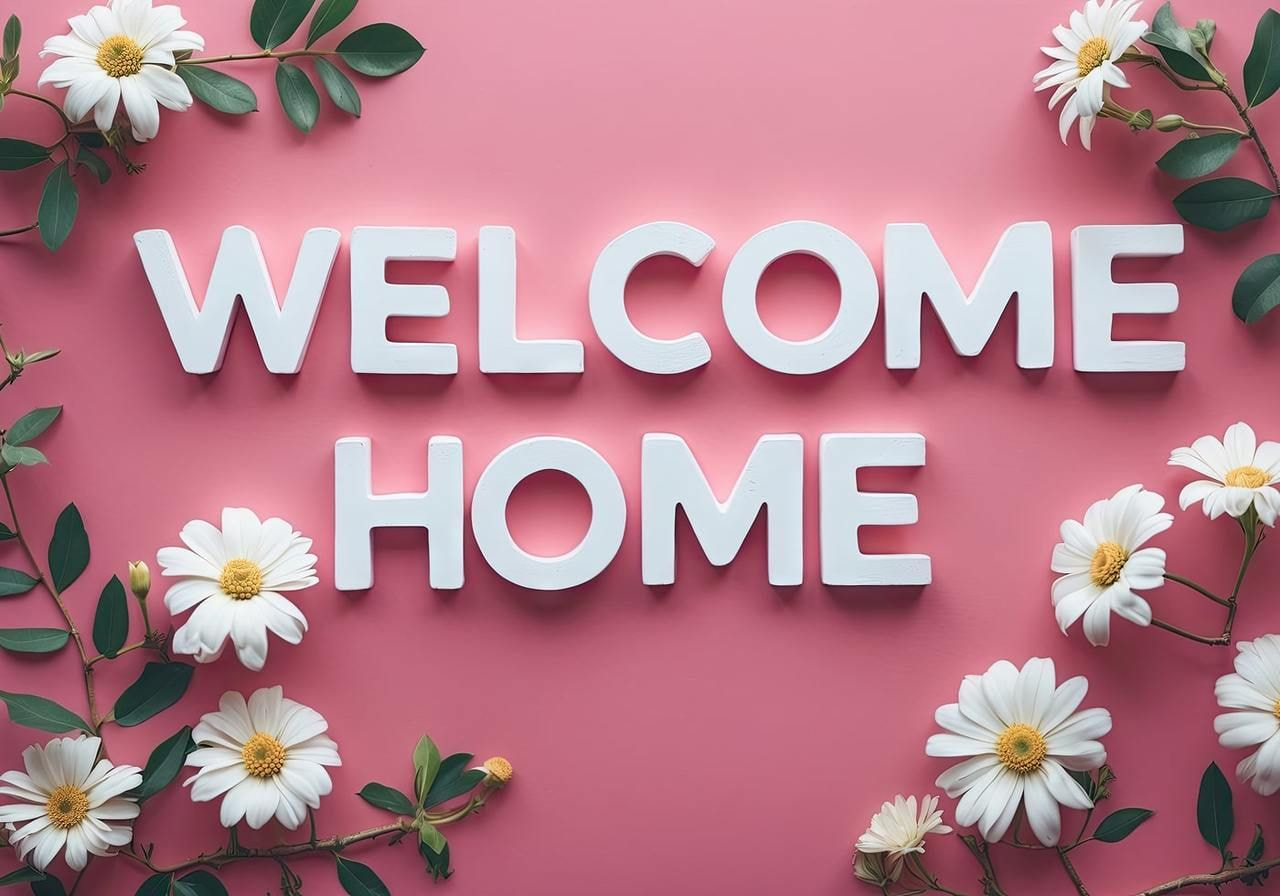 White “Welcome Home” room decor on a pink background, surrounded by daisies and green leaves.