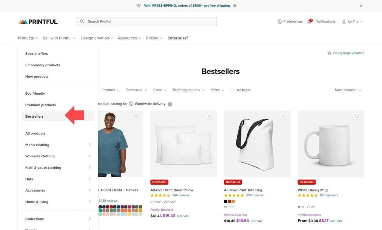 Printful catalog page screenshot with the bestsellers category highlighted.