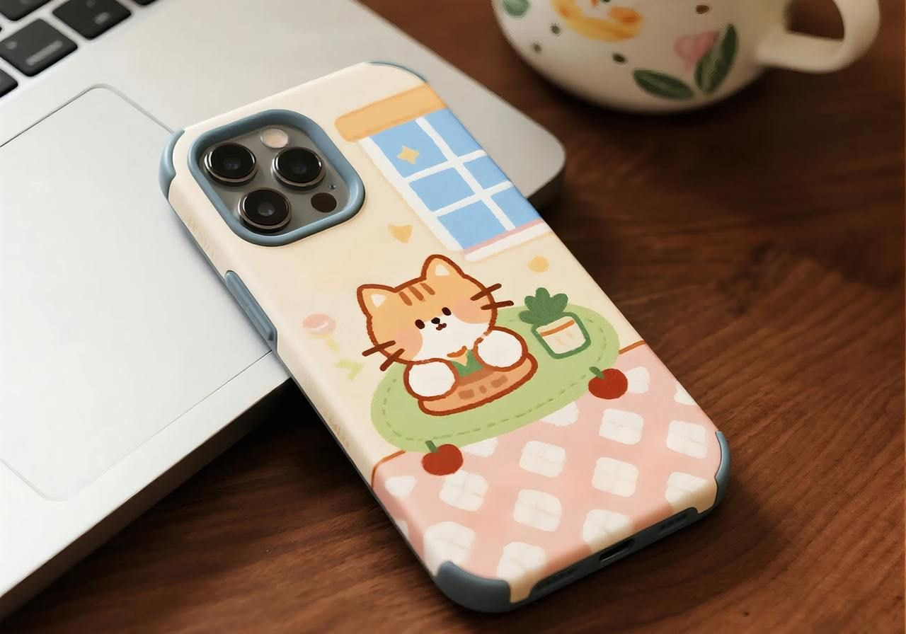 A cute phone case on a table features a cartoon cat sitting on a green rug by a window, with a small plant nearby.