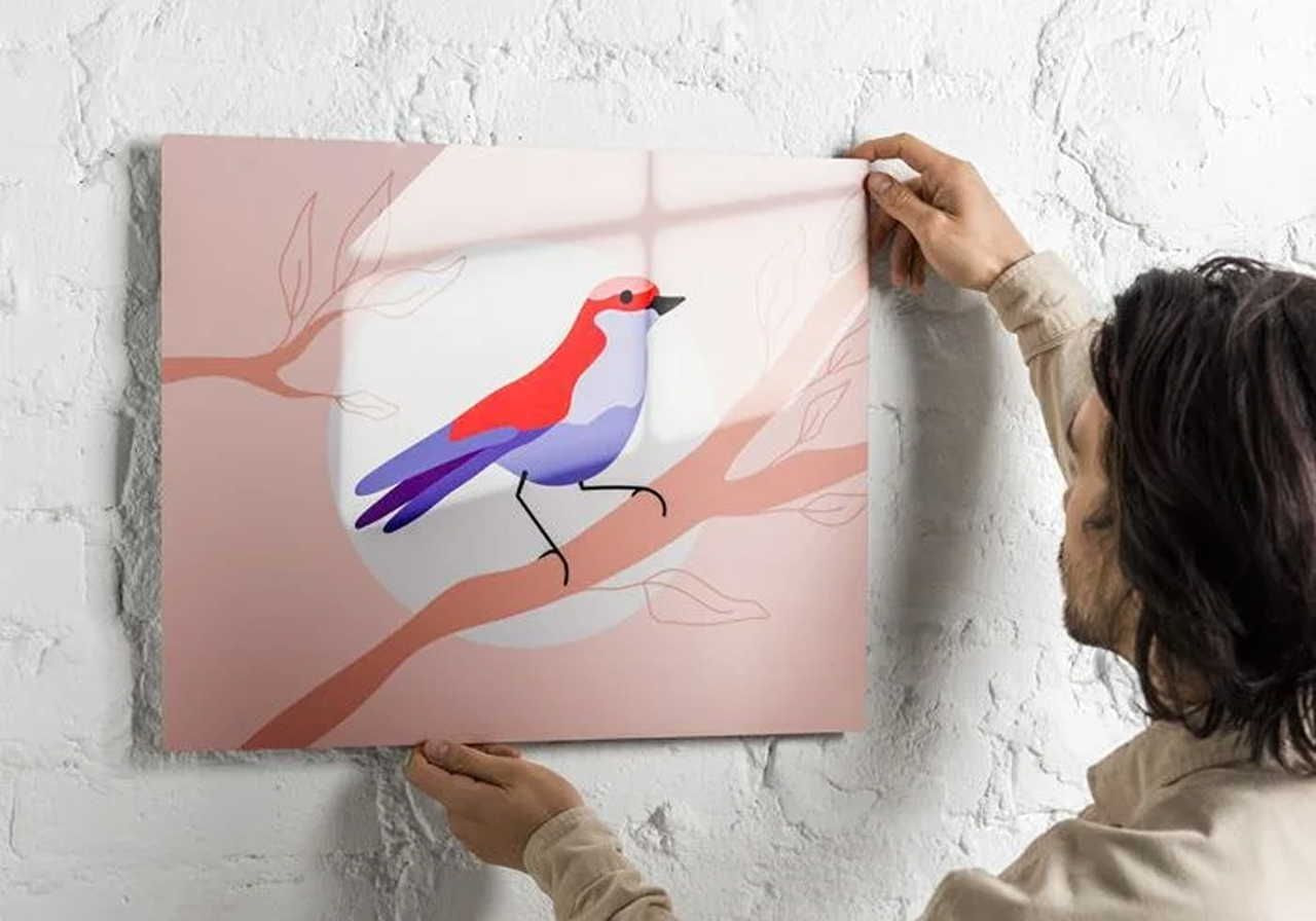 A man hangs a metal print illustration of a colorful bird, with a red head and purple wings, perched on a branch, against a pink background.