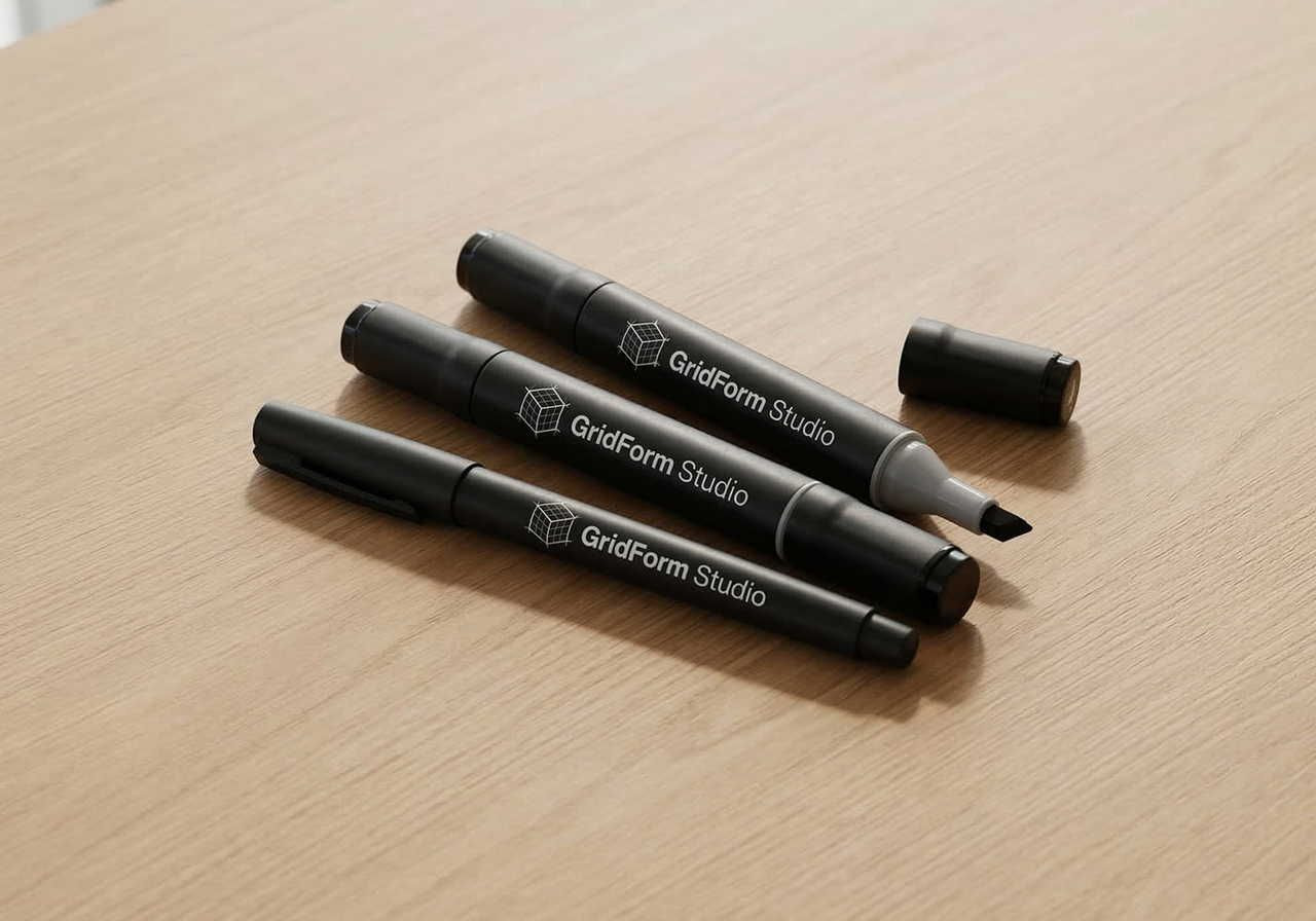 Three black GridForm Studio markers on a wooden surface; one is uncapped, revealing a chisel tip.