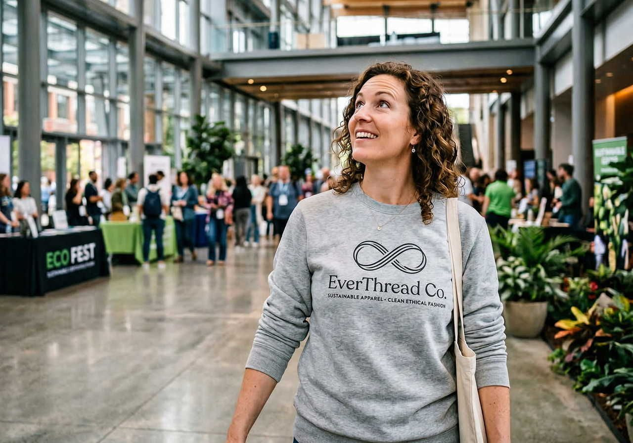 A woman wearing an "EverThread Co." sweatshirt smiles while walking through a bright, bustling eco-fest event.