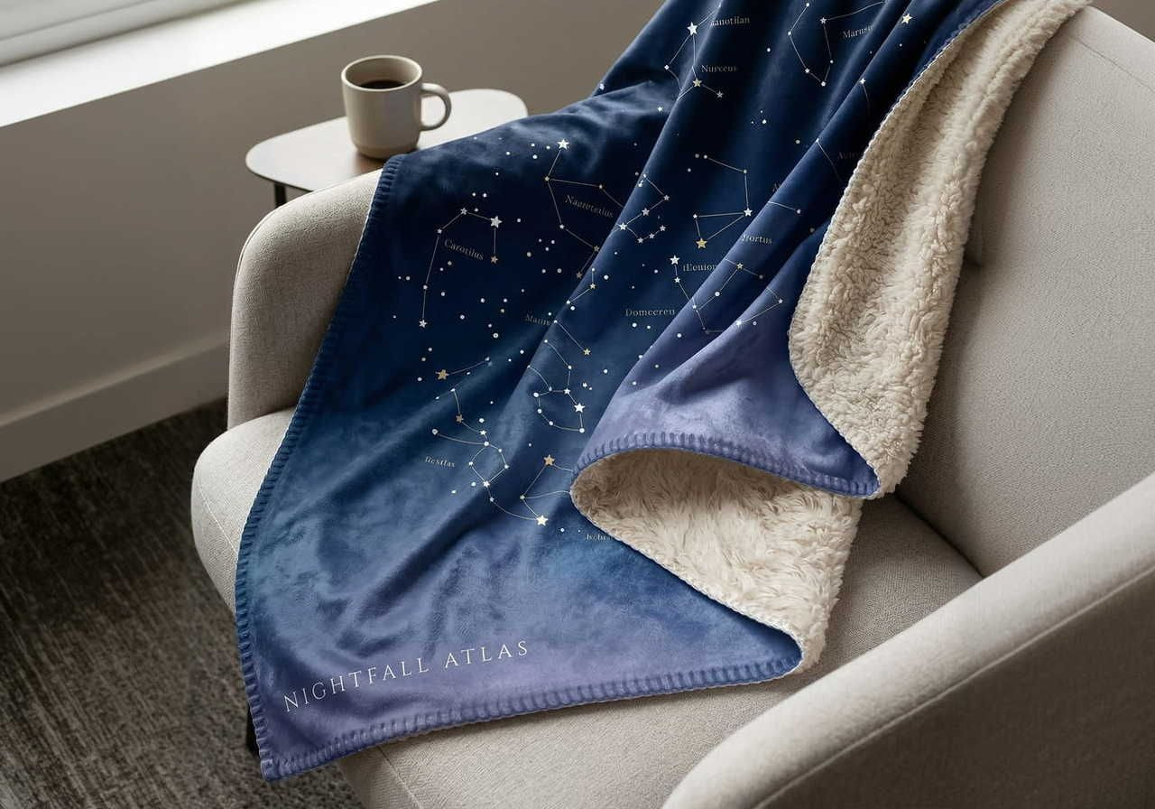 A plush blanket with star constellation patterns lies on a beige armchair, next to a small table with a coffee mug.