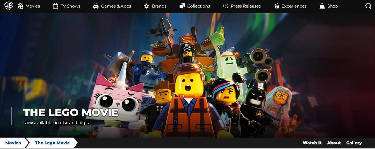 Lego Movie homepage hero section screenshot.