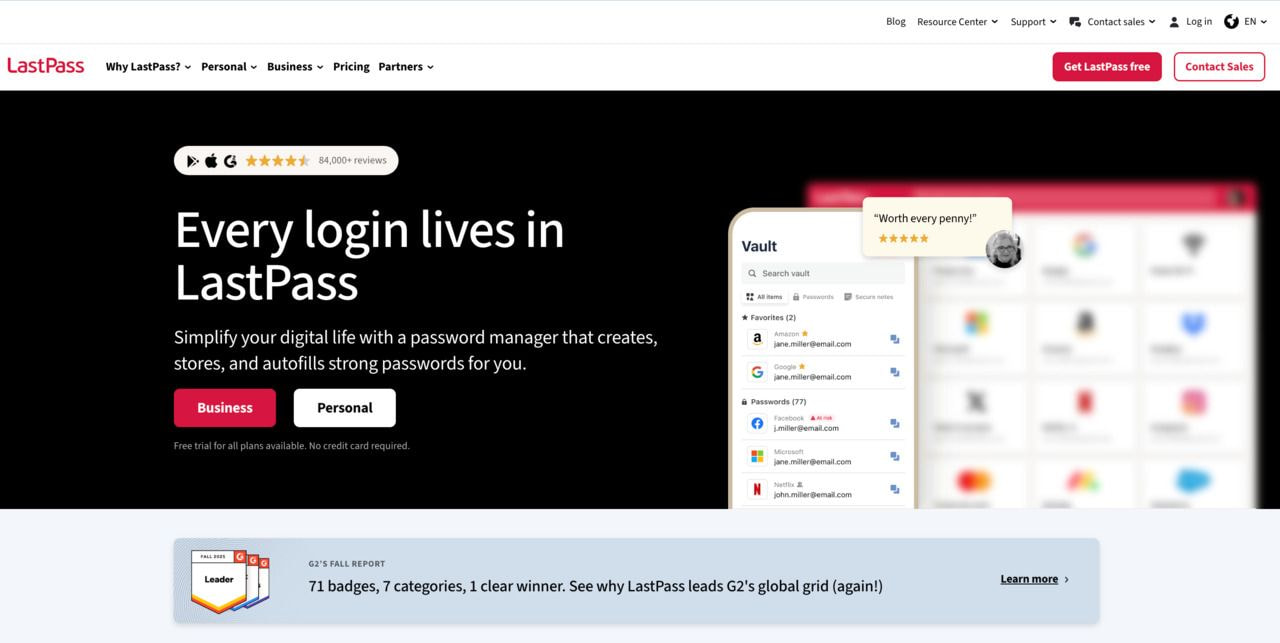 A screenshot of a LastPass landing page.