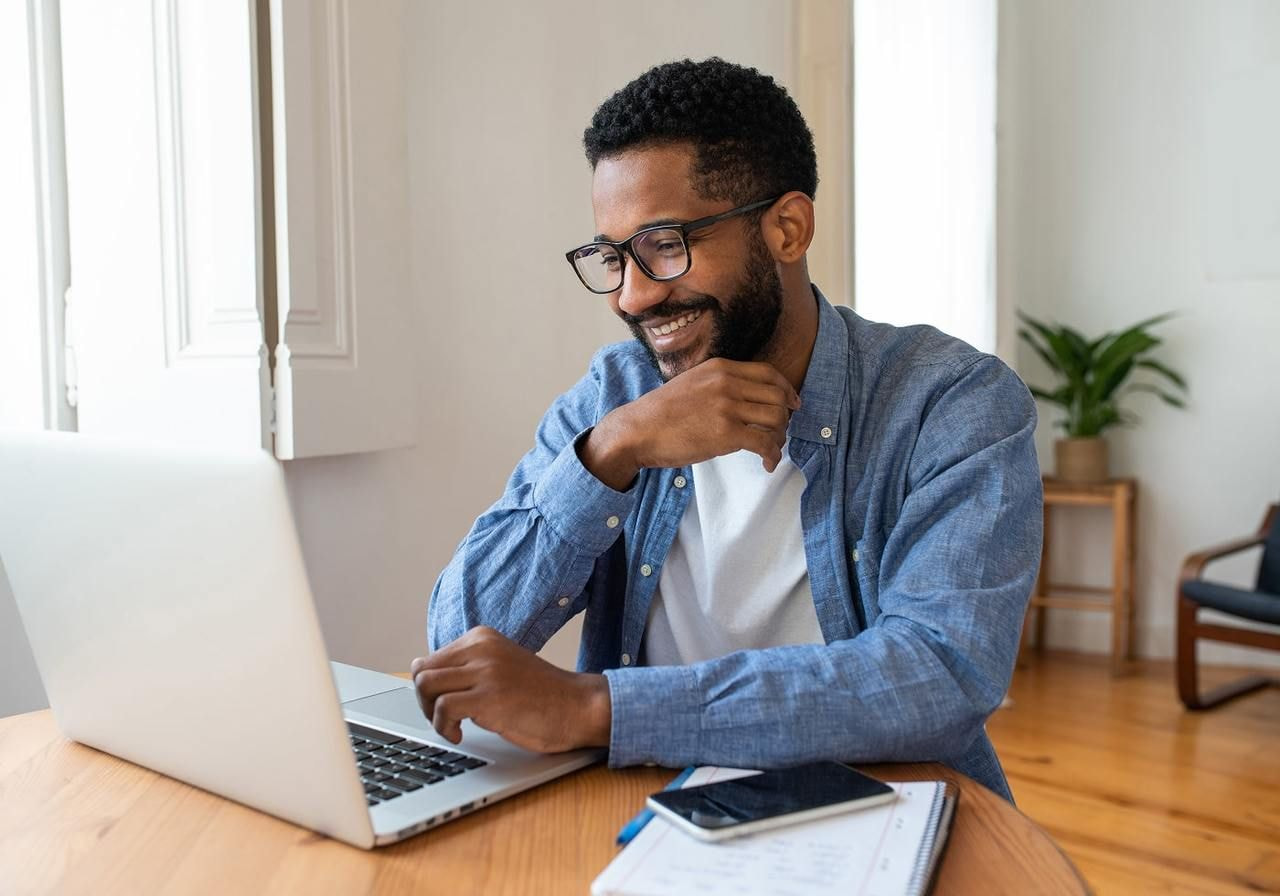 A smiling man in glasses is using a laptop to find tips on how to successfully sell digital art.