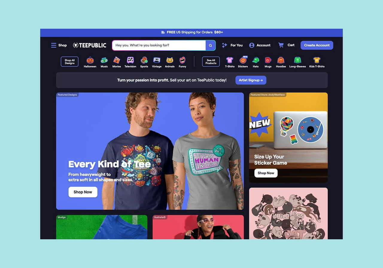 TeePublic homepage hero section screenshot mockup.