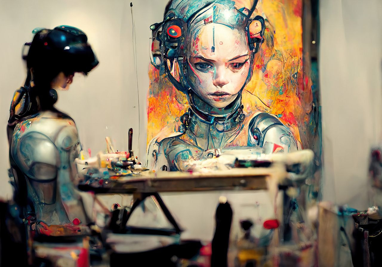 A painting depicting a robot on a table beside a woman, showcasing a blend of technology and human interaction.