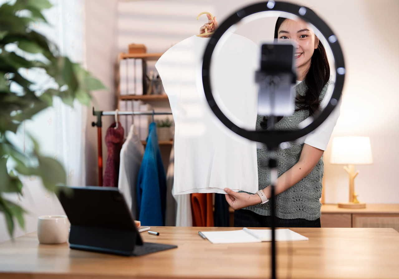A woman holds a white shirt on a hanger during a live stream using a mobile phone.