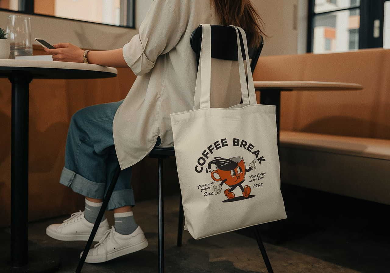 A woman sitting at a table in a café, holding a phone, wearing a loose shirt and jeans, with a tote bag that says "COFFEE BREAK".