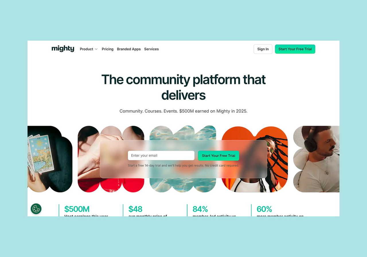 Mighty Networks homepage hero section screenshot mockup.