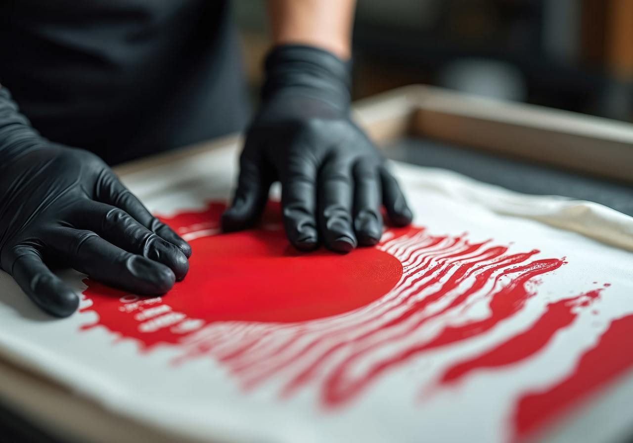Hands wearing black gloves touch a red circle with radiating lines on a white t-shirt, showing the process of screen printing.