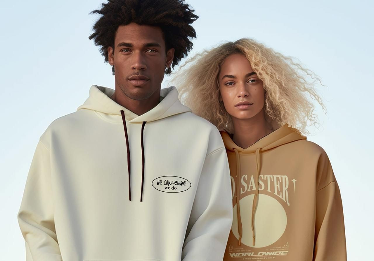 A man and woman, both with curly hair, stand side by side wearing hoodies. His is white with a circular logo; hers is beige with bold text.