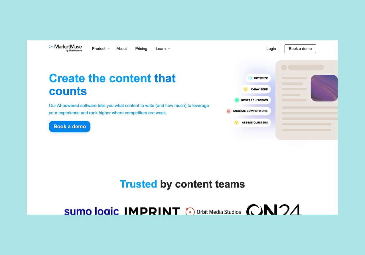 MarketMuse homepage hero section screenshot mockup.