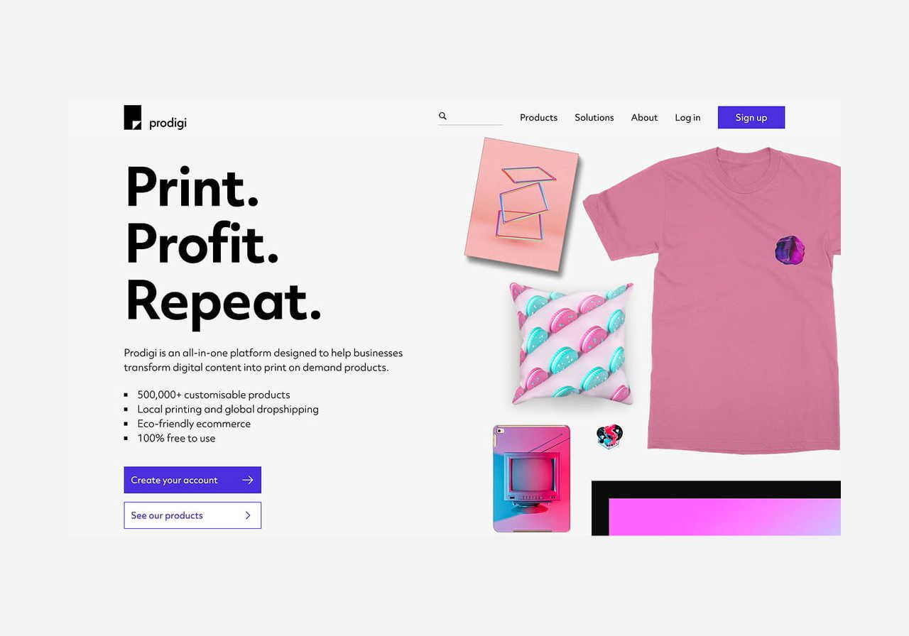 Prodigi homepage hero section screenshot mockup.