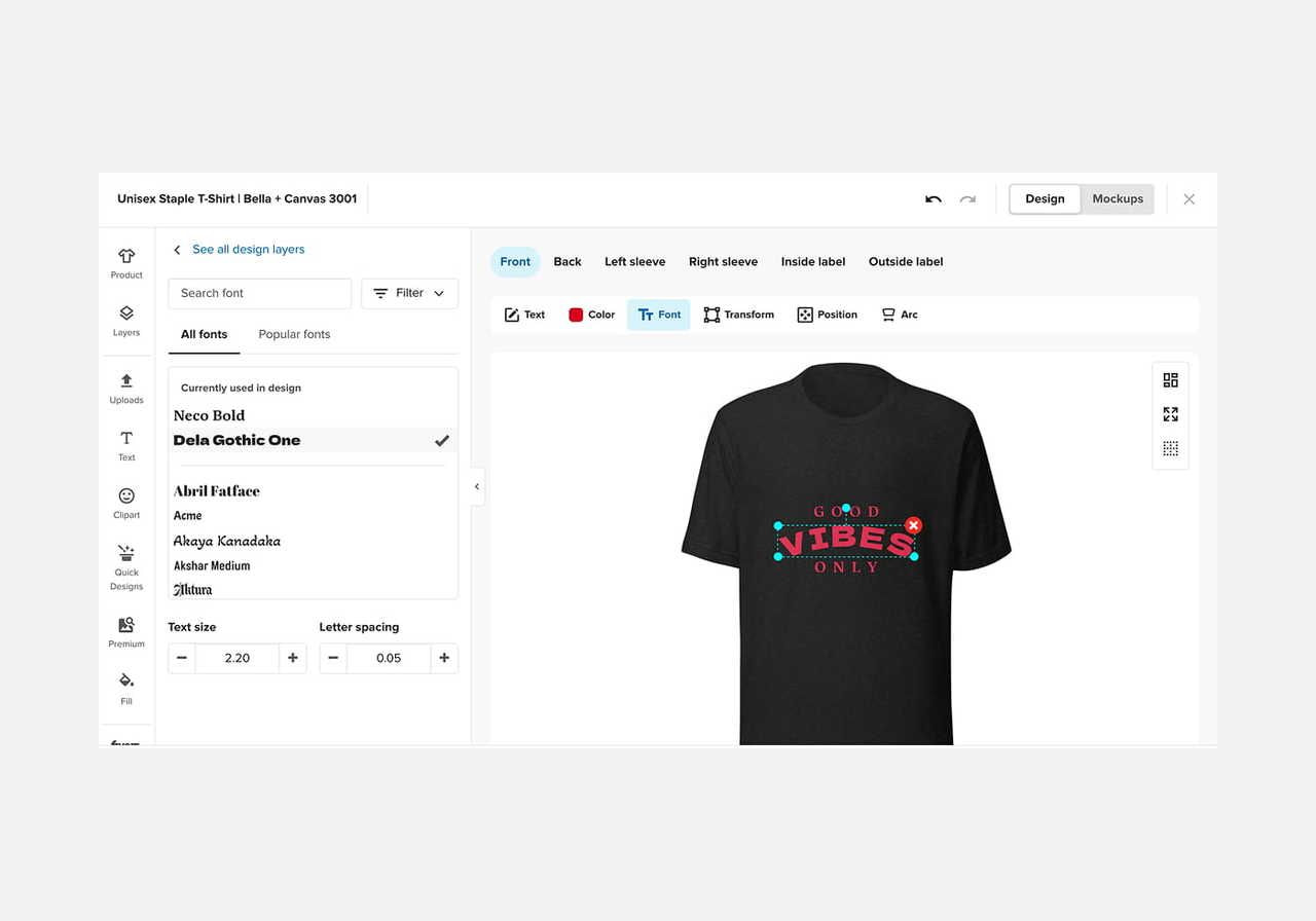 A screenshot showing Printful’s Design Maker Text tool in action.