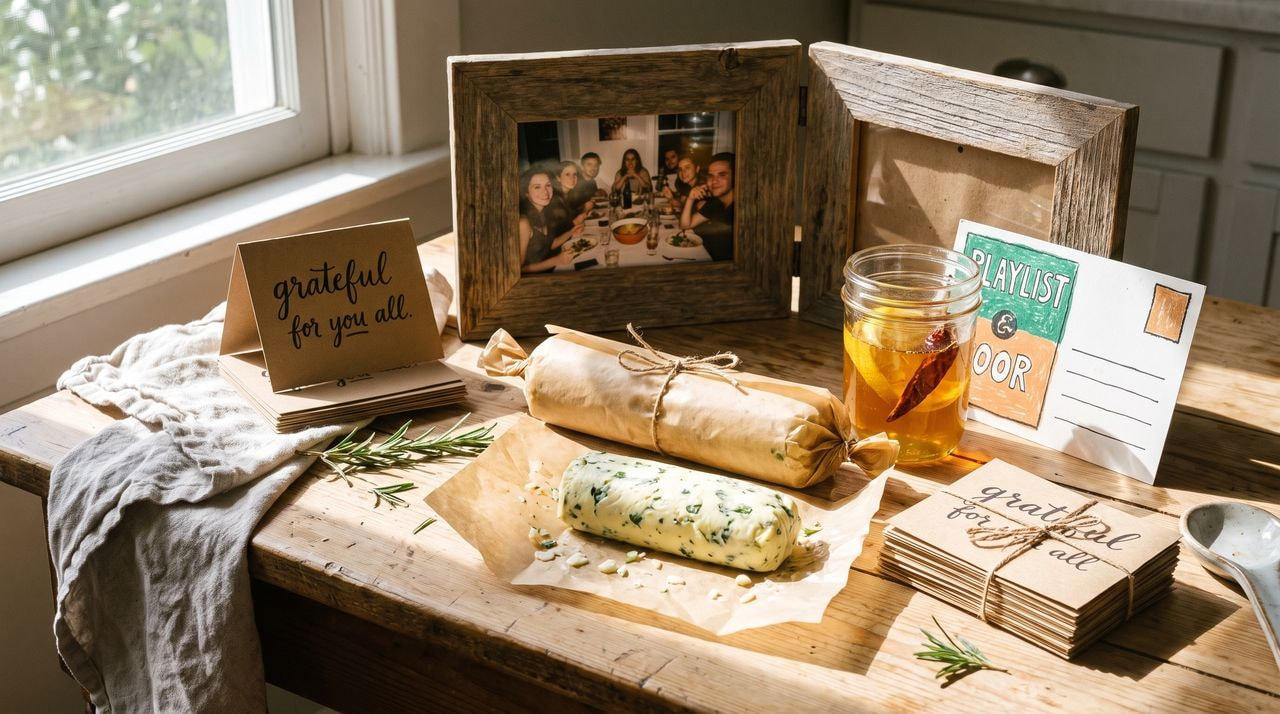 A sunny kitchen table arranged with homemade herb butter logs in parchment, a jar of chili-and-lemon infused honey, a framed photo, blank gratitude cards, and a hand-drawn playlist postcard.