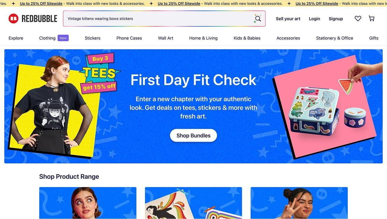 Redbubble homepage hero section screenshot.