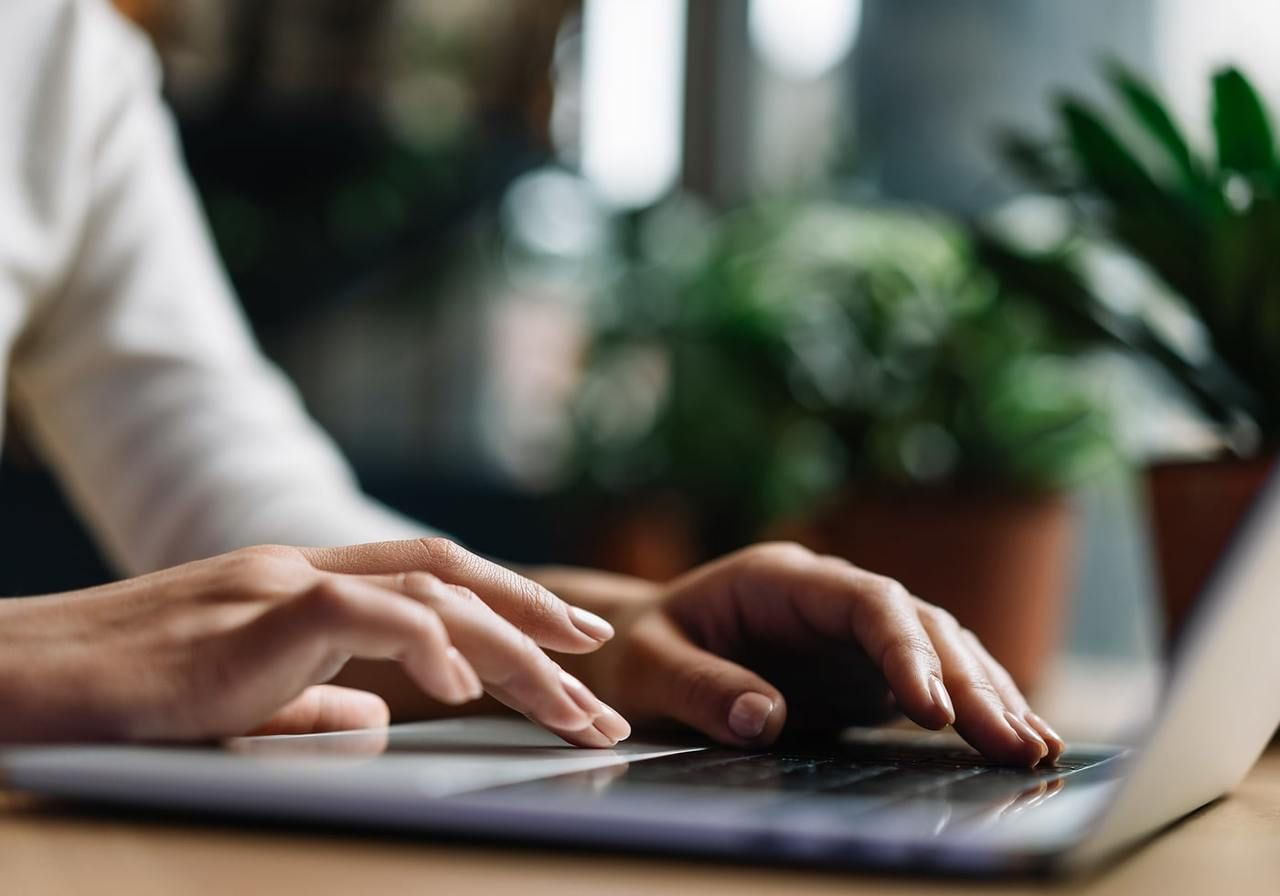 A person focused on typing on a laptop computer, with hands positioned on the keyboard.