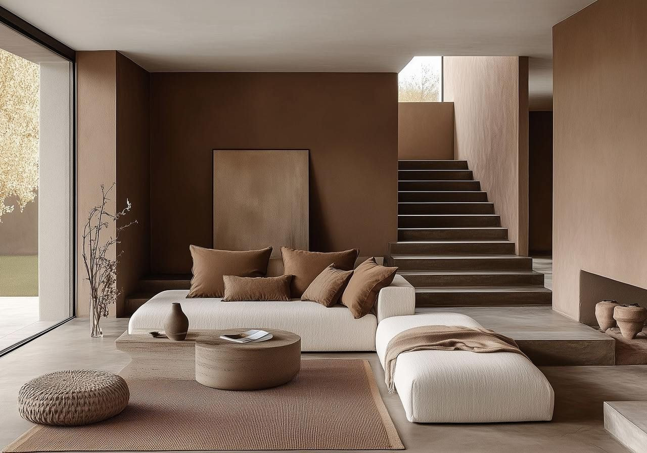 Minimalist living room in earthy tones features a beige sofa with brown cushions, a low table, and stairs.