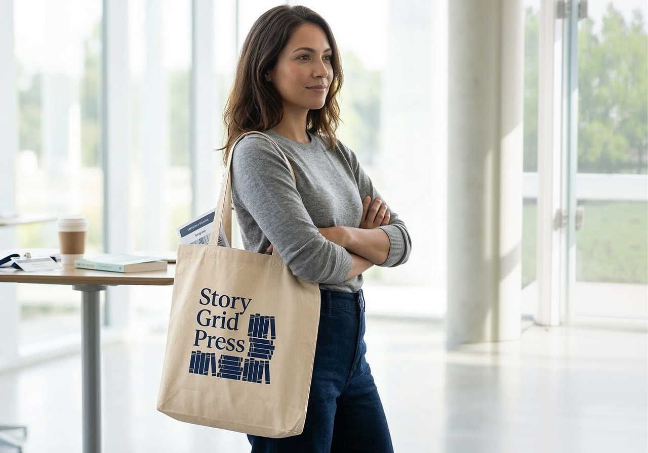A woman in a gray sweater and jeans stands indoors, holding a "Story Grid Press" tote. With a table and coffee cup nearby.