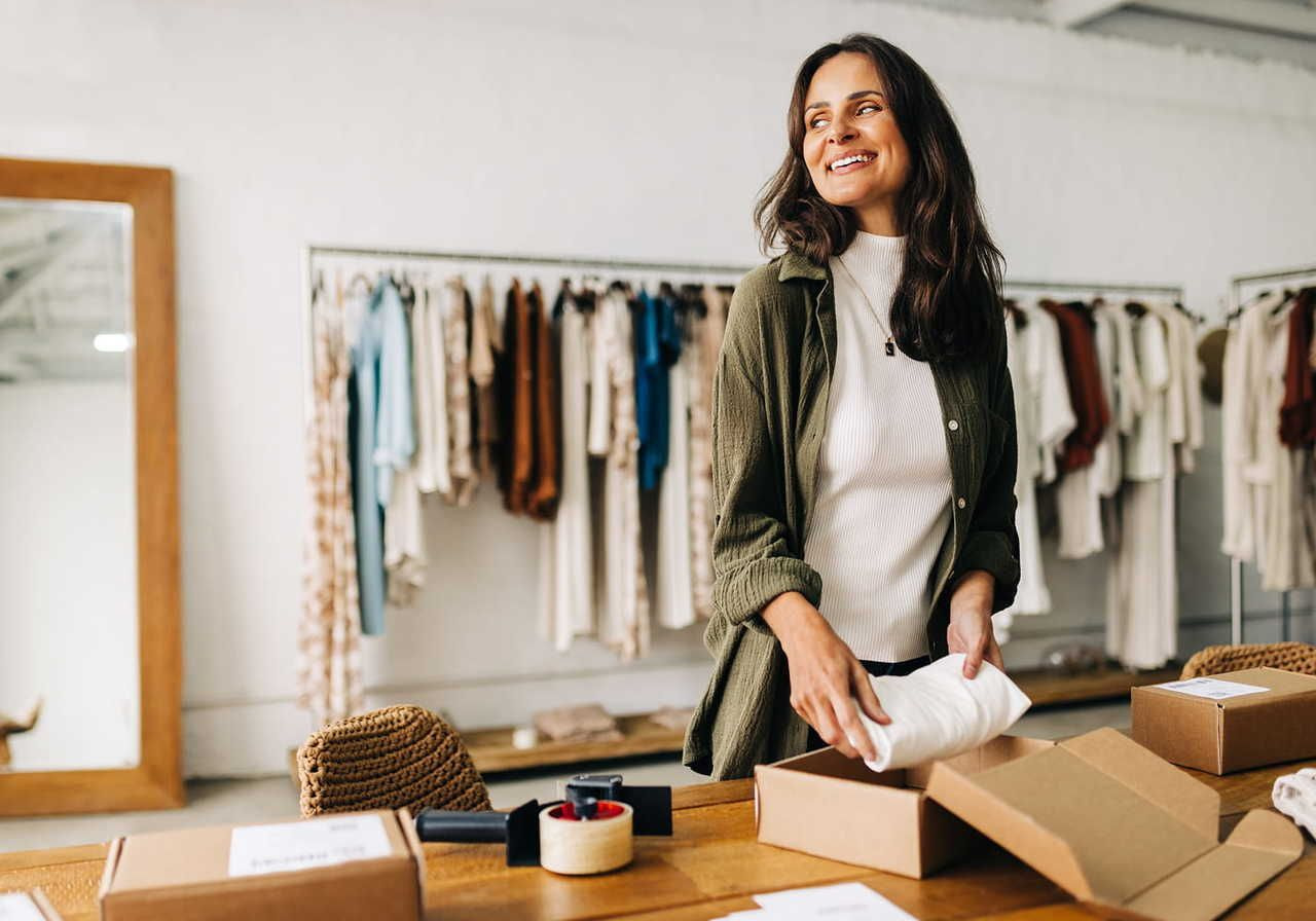 Smiling woman packing clothes in boxes at a boutique, surrounded by racks of colorful clothing. 