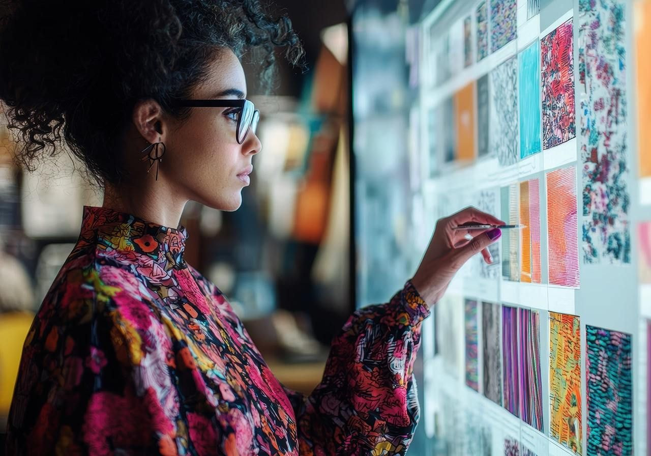 An AI-generated image of a woman picking different fabric patterns.
