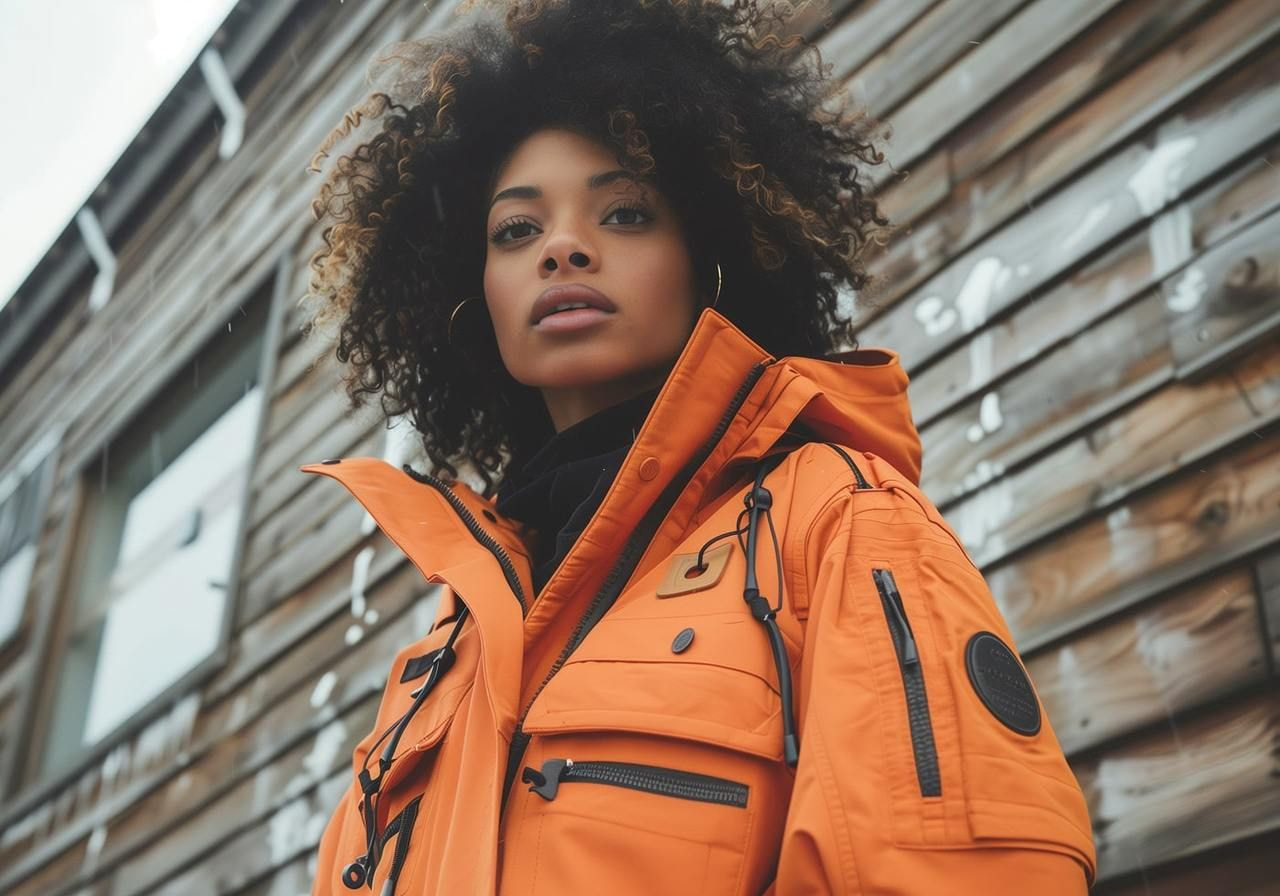 A woman stands confidently in an orange gorpcore jacket against a rustic wooden wall.