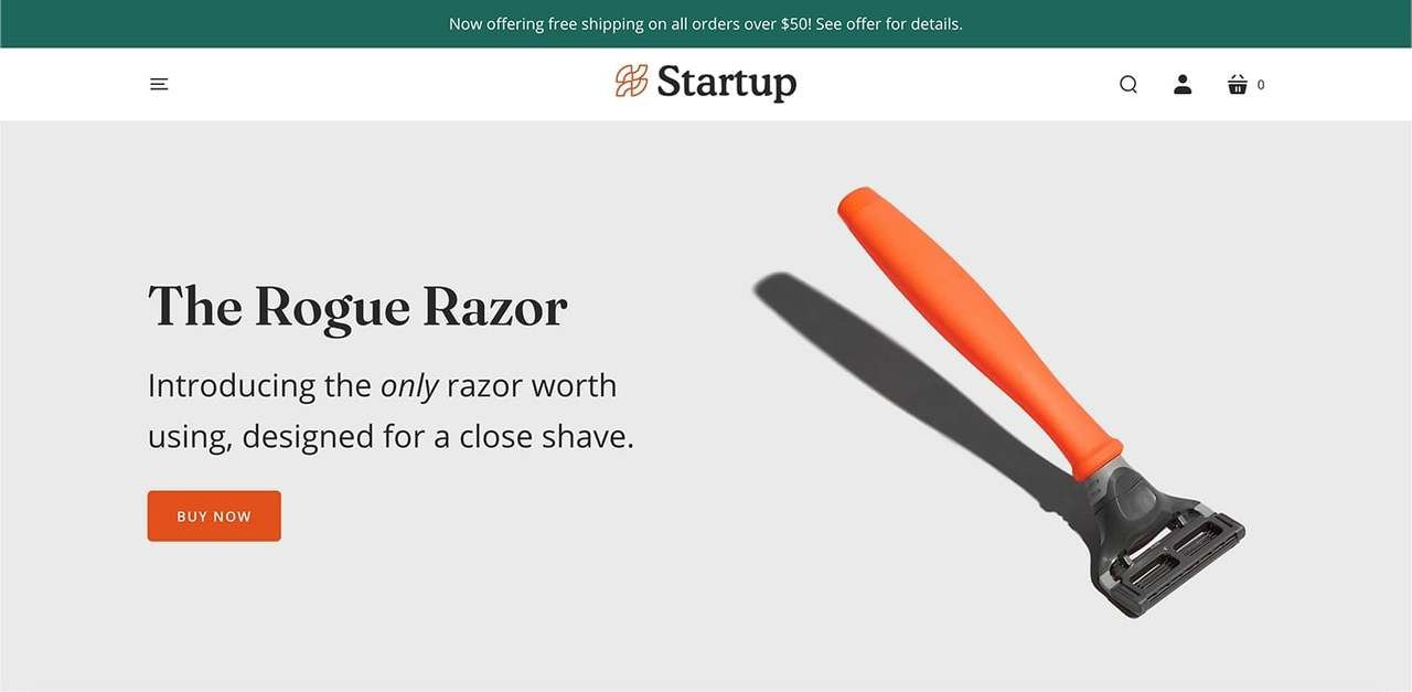 Startup Shopify theme hero section screenshot as an example of the best Shopify themes for dropshipping.