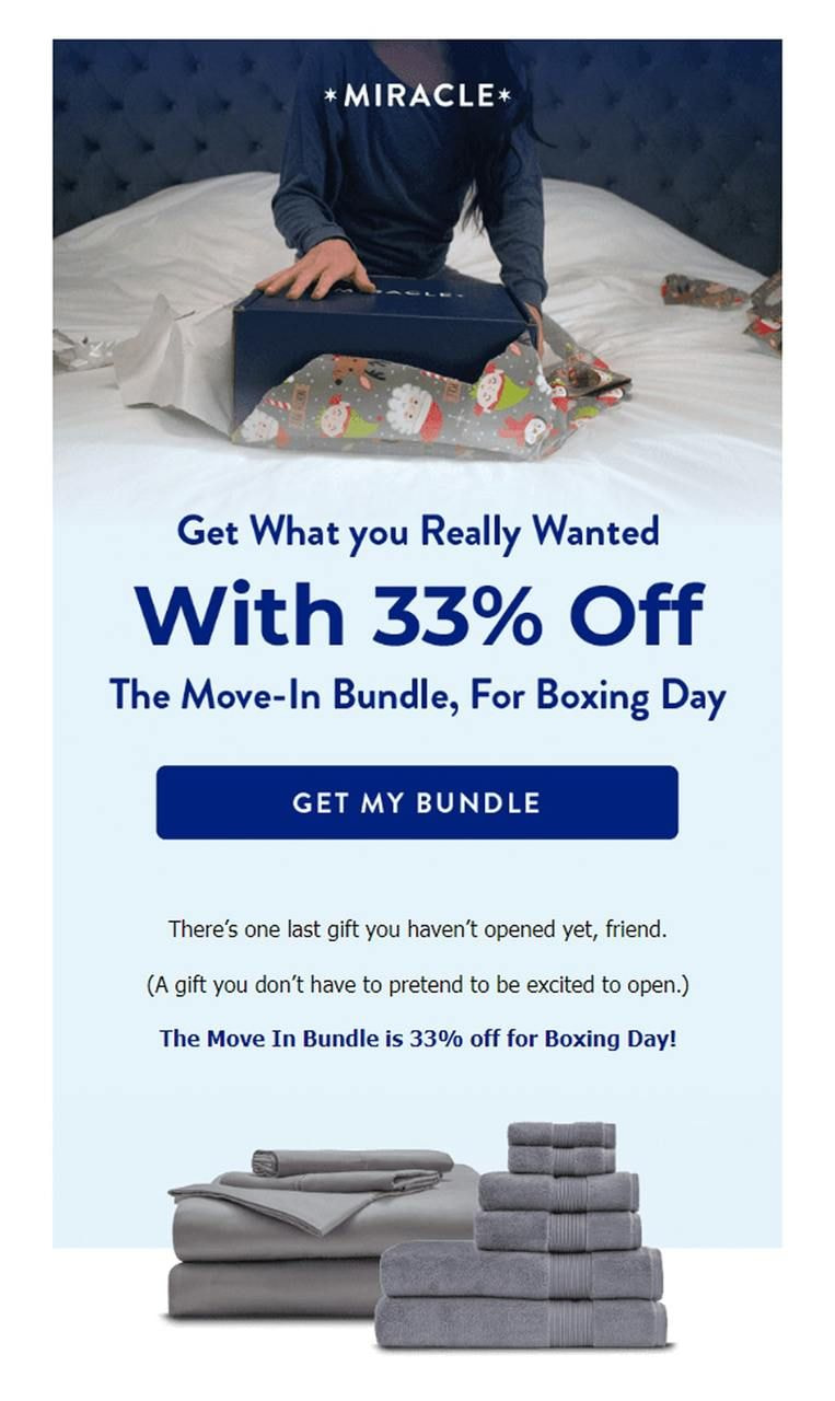 A person opening a gift box in blue wrapping labeled “Miracle.” Text offers 33% off a Move-In Bundle for Boxing Day.