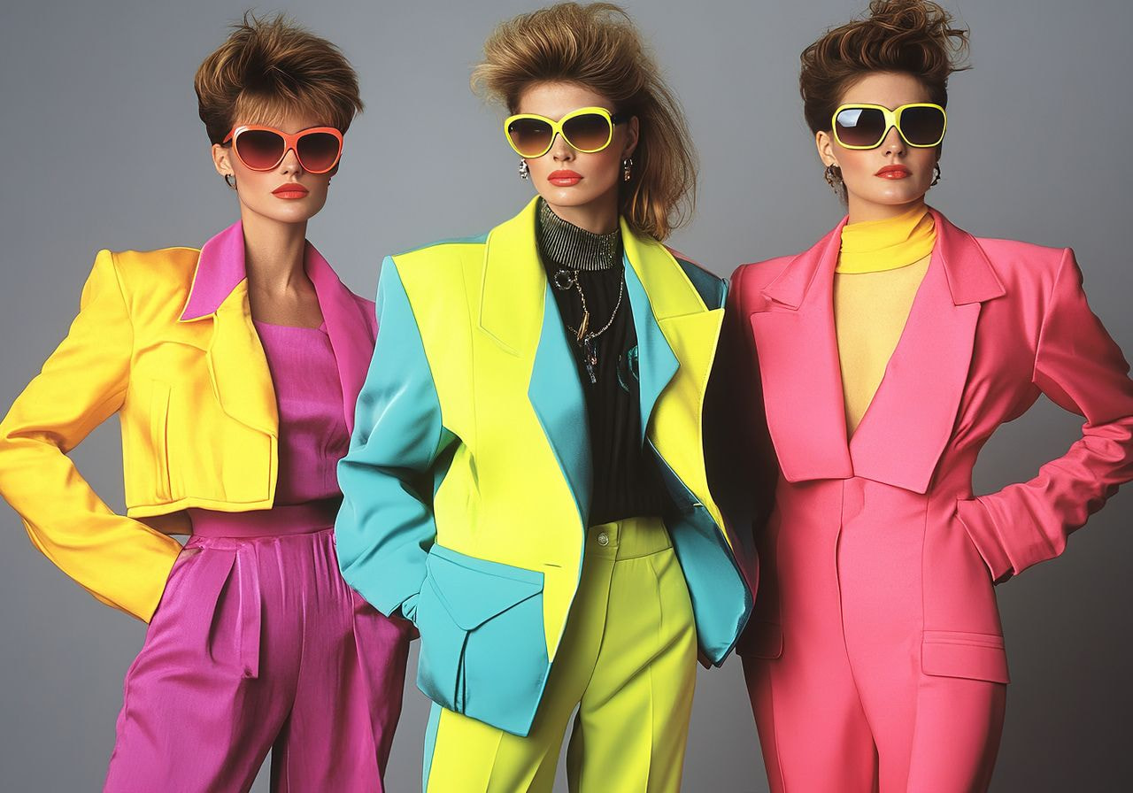 Three models in vibrant 80s fashion pose confidently.