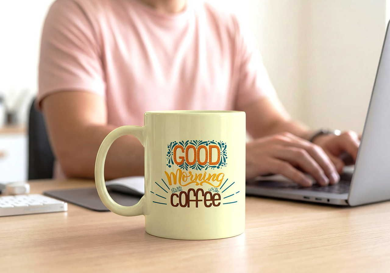A yellow coffee mug with the text "GOOD Morning" and "coffee" on it, placed on a wooden desk next to a laptop.