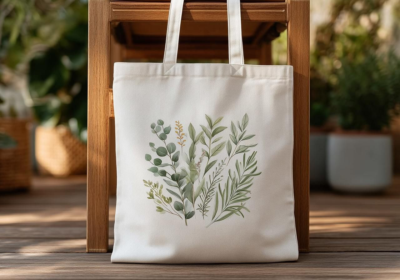 Beige tote bag with green botanical print, featuring various leaves, hangs on a wooden chair.