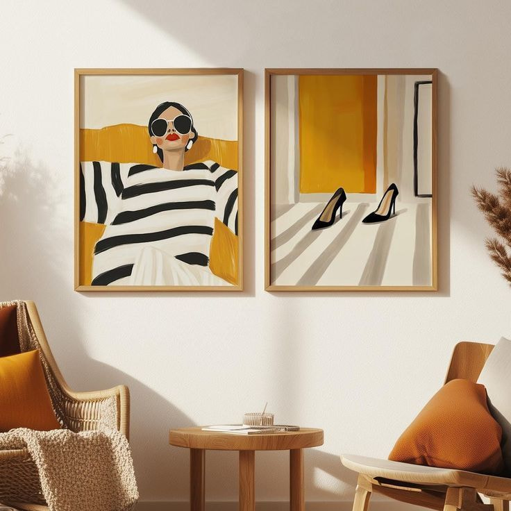 Two paintings depicting a woman wearing a striped dress and high heels, showcasing different artistic styles.
