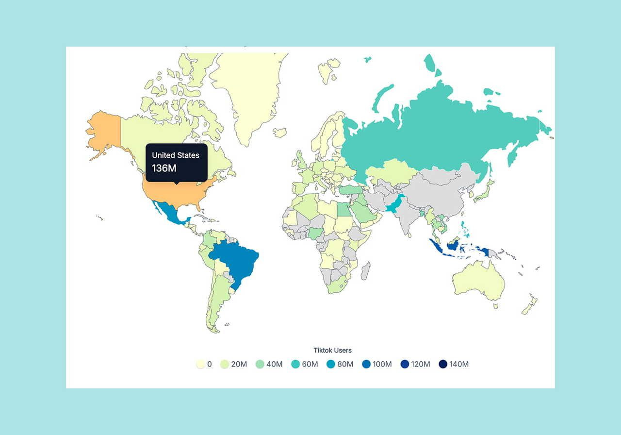 A screenshot showing a global map of TikTok users with data for each country.