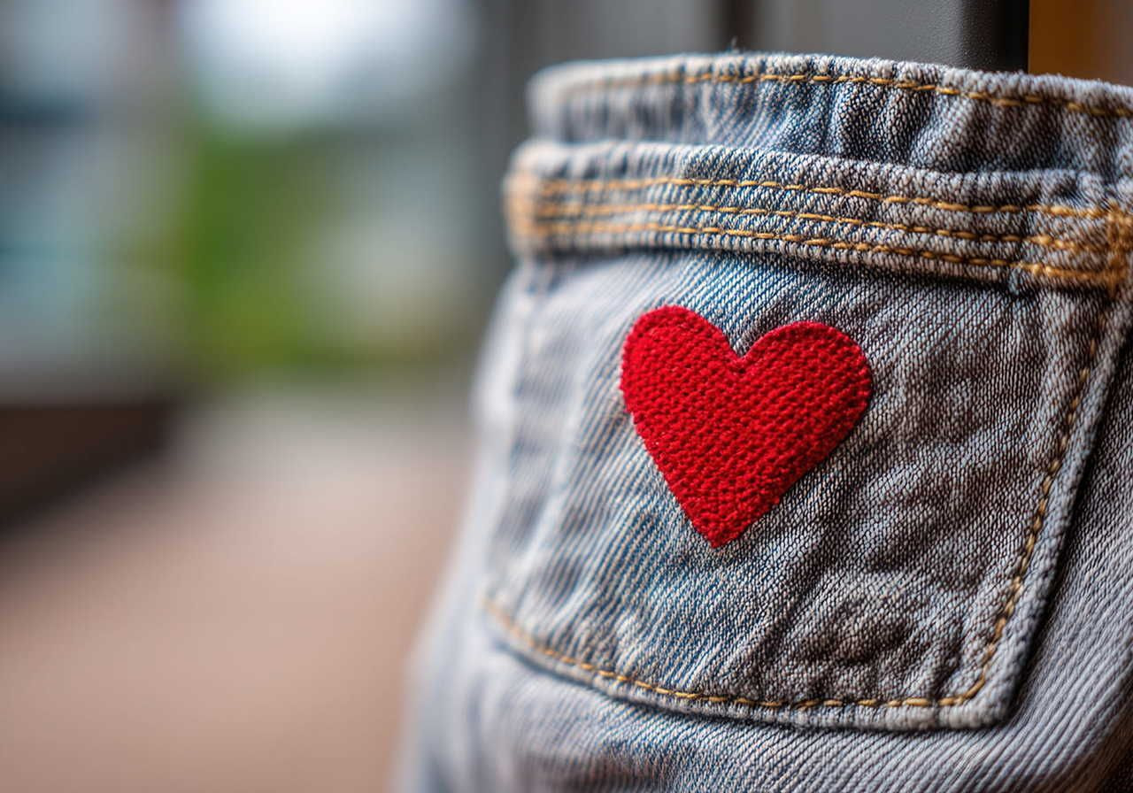 Close-up of a denim pocket with a red embroidered heart patch.