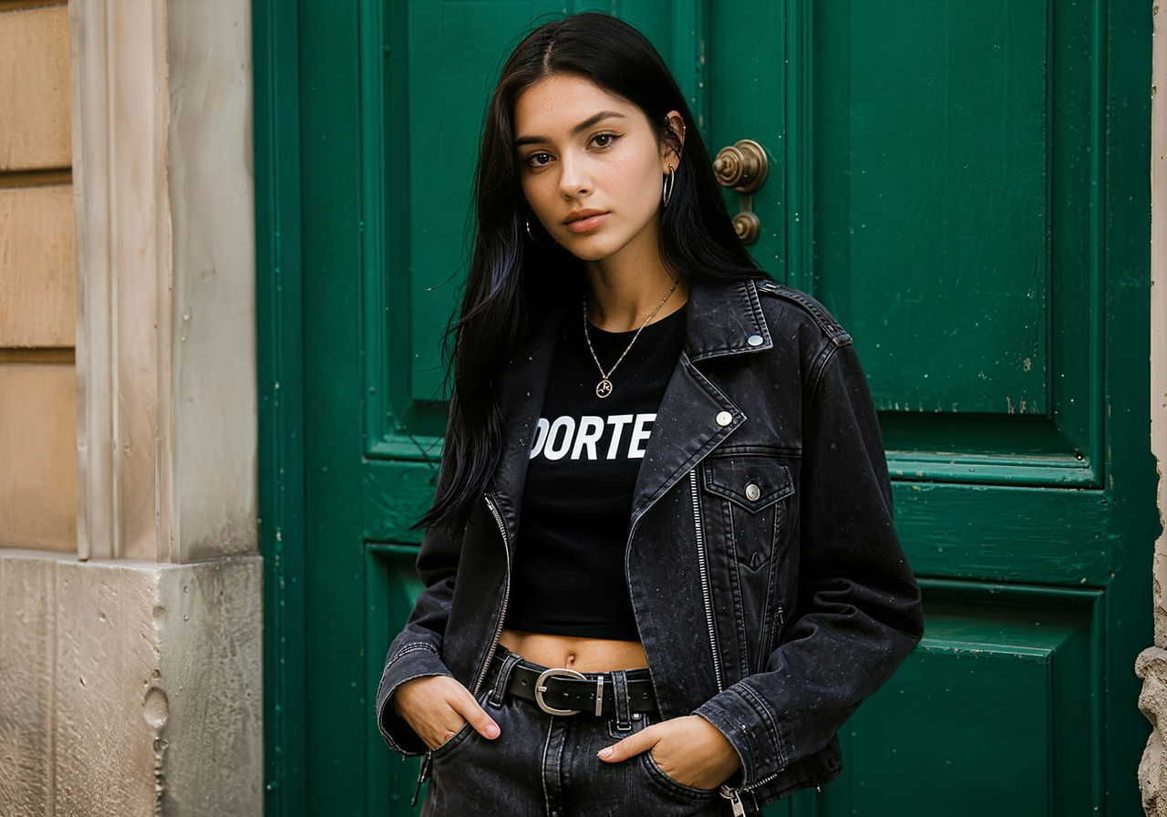 A young woman in a black denim jacket and crop top stands confidently against a vibrant green door.