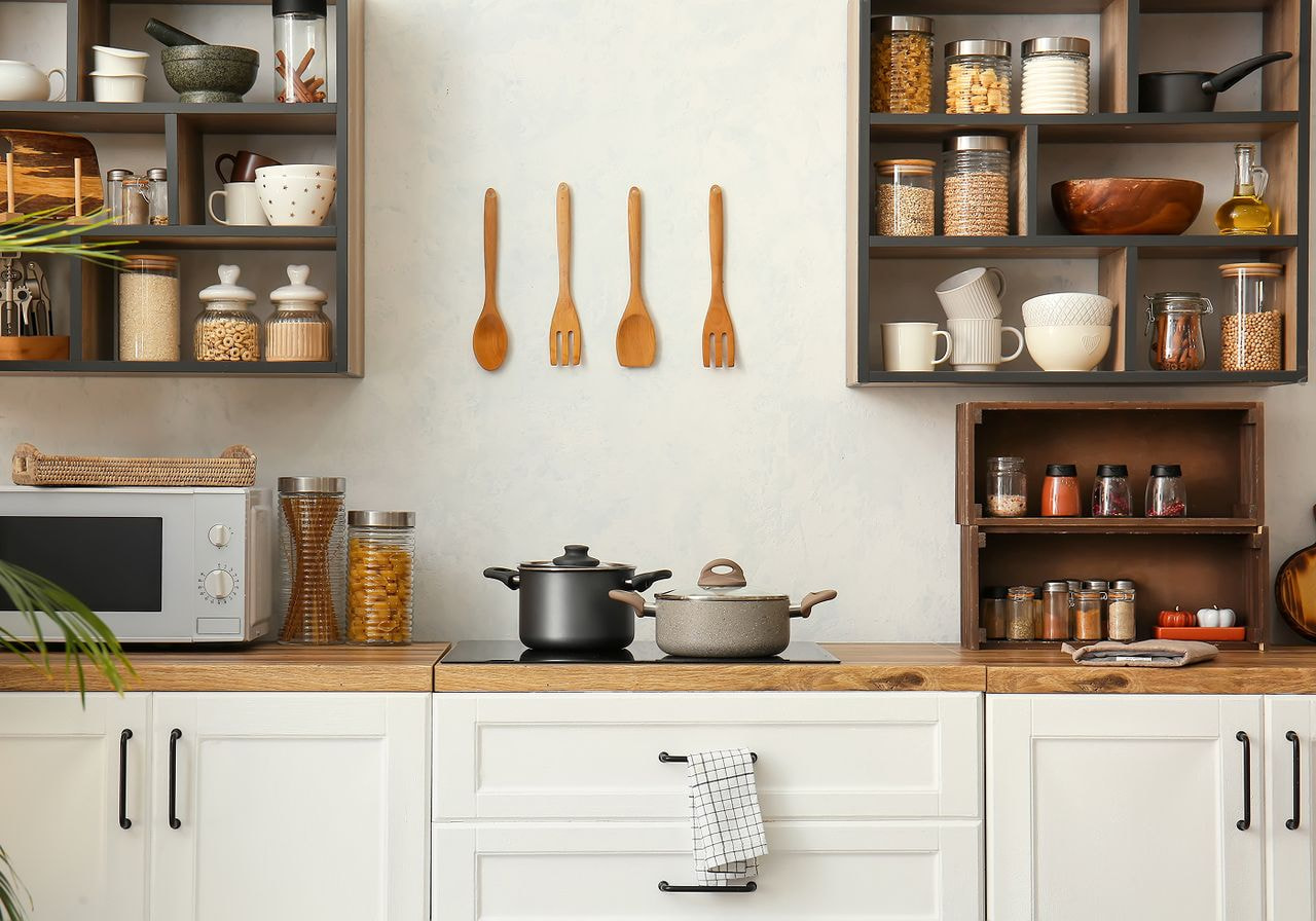 A kitchen with various utensils