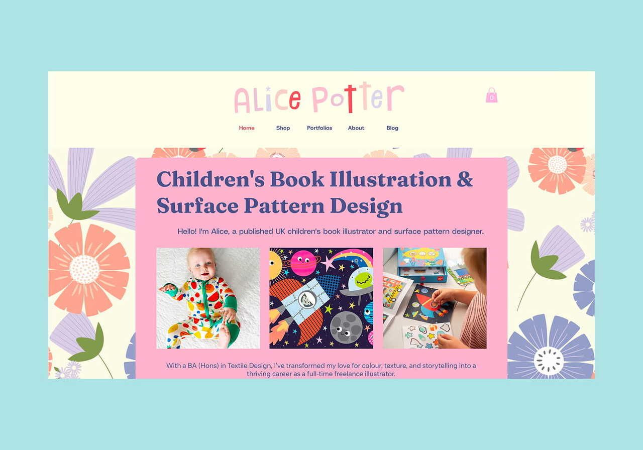 Alice Potter homepage screenshot mockup.