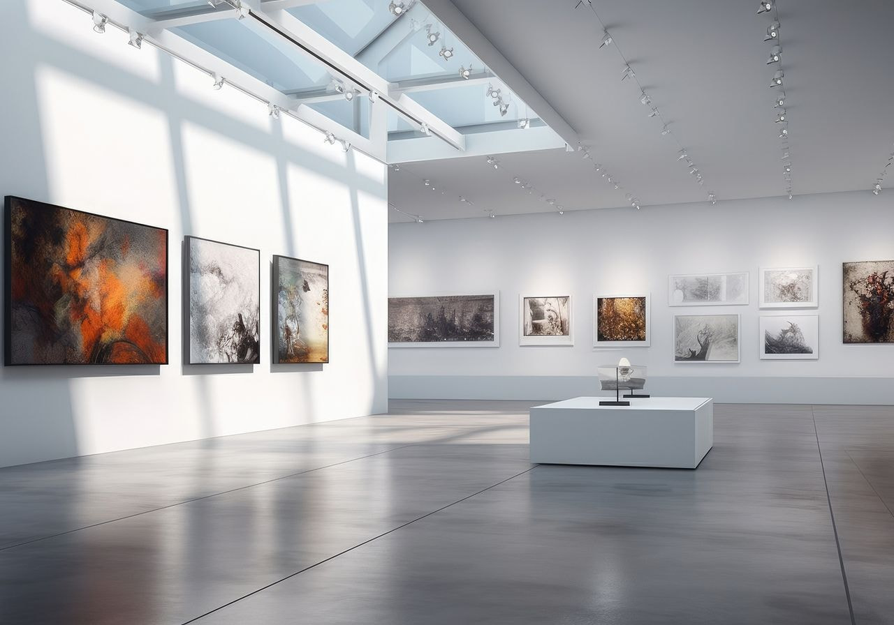An empty gallery featuring various paintings displayed on the walls, highlighting the spacious and minimalist environment.