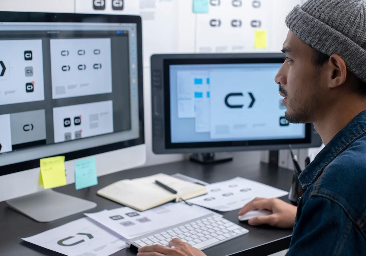 A man in a beanie works at a desk, designing logos on dual monitors, with notes and sketches around him.