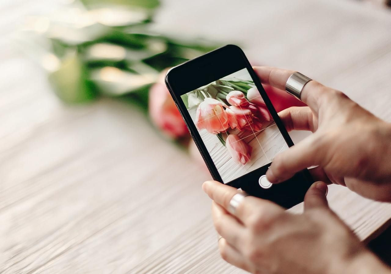 A hand holding a smartphone, capturing a close-up photo of pink tulips on a table.