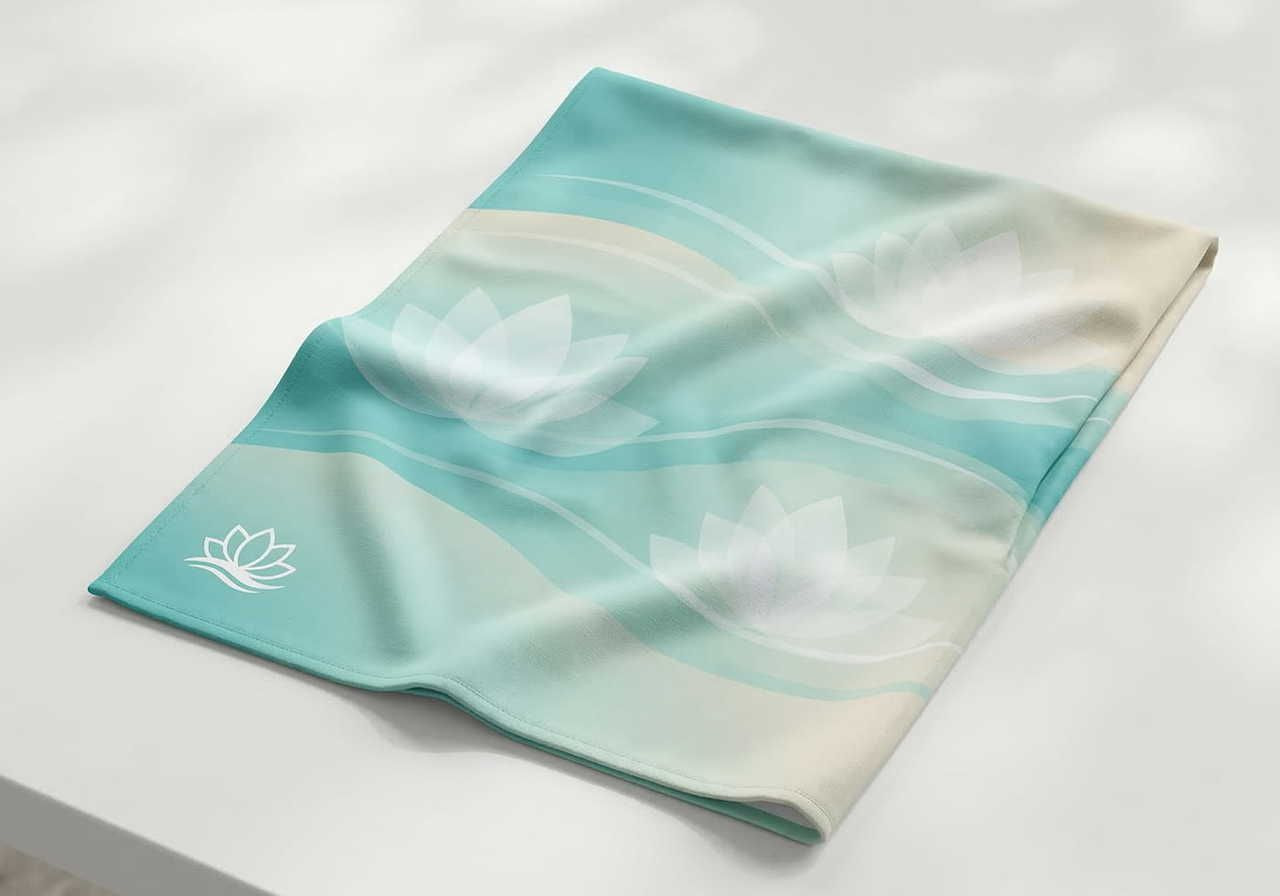 Folded towel with a serene aqua-beige gradient design, featuring white lotus flowers and soft wave patterns.
