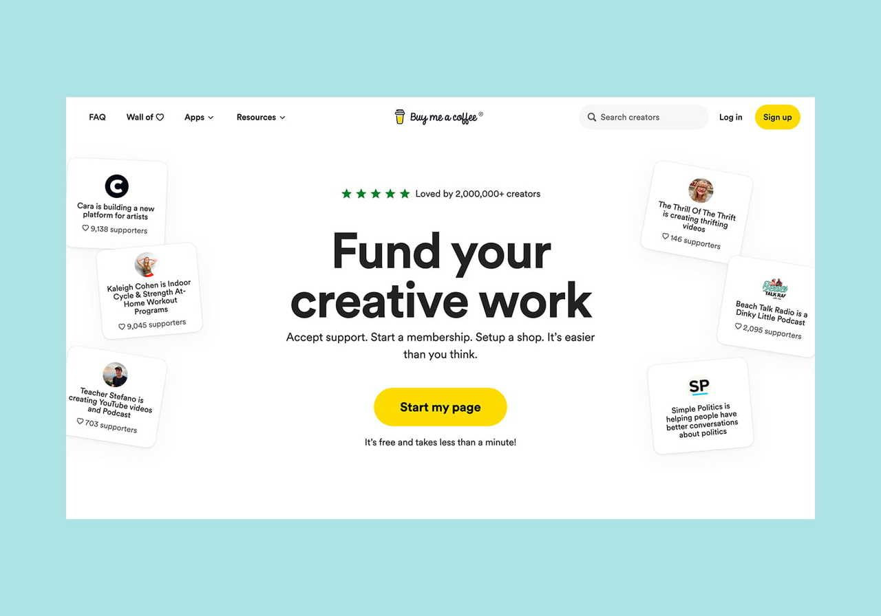 Buy Me a Coffee homepage hero section screenshot mockup.