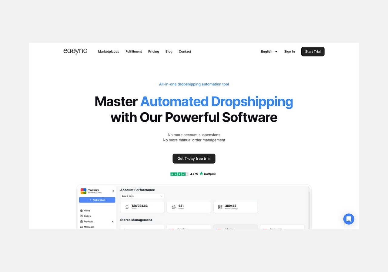 Easync.io homepage hero section screenshot mockup.